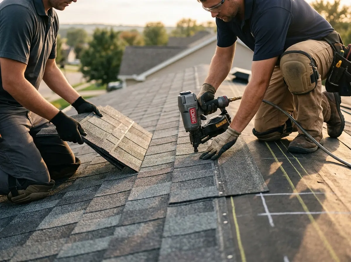 Professional roofer working on a residential roof in Enid